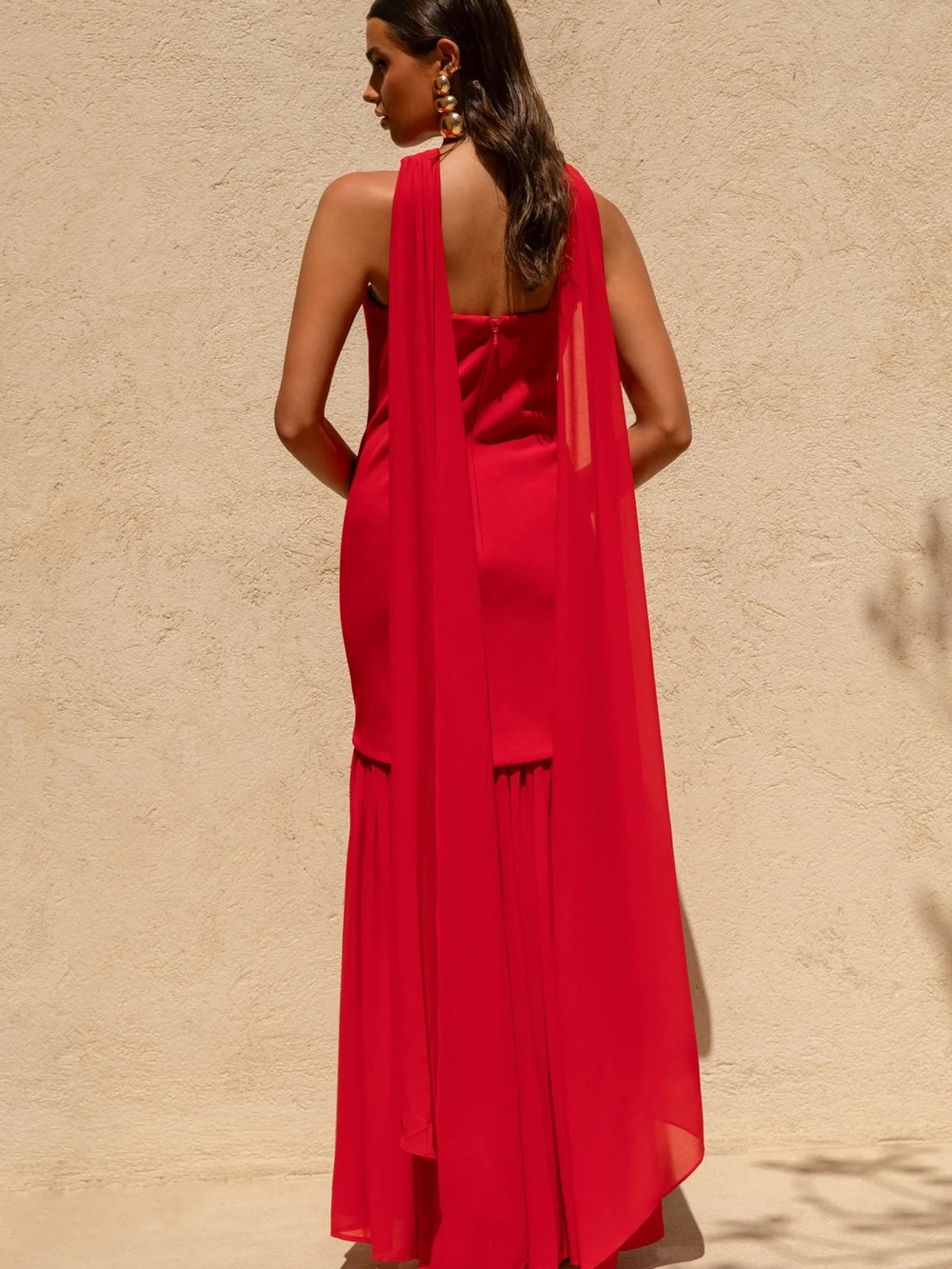 Club L London Strapless Red Maxi Dress with Draped Scarf - Picture 2 of 6